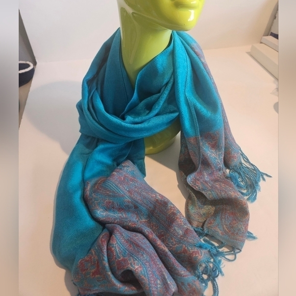 Unbranded Accessories - Women's Pashmina Rectangular Scarf Wrap Paisley Edge Print Fringe Blue